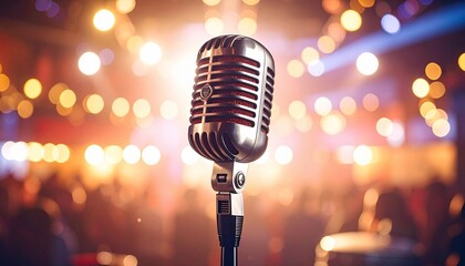 A vintage silver microphone centered, against a blurred, illuminated stage with an audience
