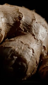 Dynamic Close-Up Of Organic Ginger Roots On A Black Studio Background