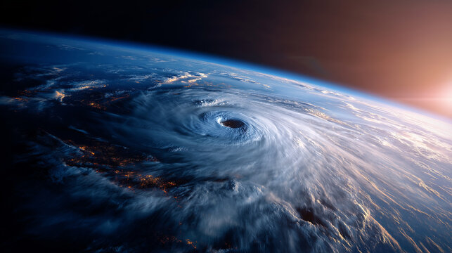 Super typhoon tropical storm cyclone hurricane tornado over ocean weather background windstorm superstorm gale moving to ground severe atmospheric phenomenon with copy space