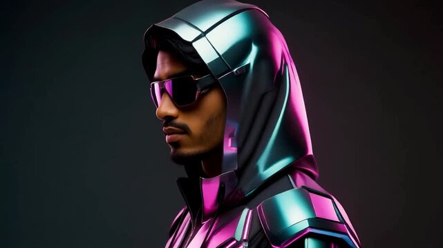 8K Cyber-Urban Style: Cinematic view of male model in asymmetric hoodie with ray-traced neon reflections on face and PBR textures