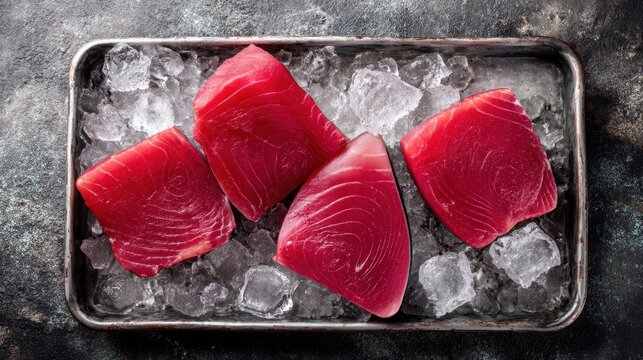 Tray of four pieces of red fish is sitting on a tray of ice. The fish are cut into small pieces and are displayed on a metal tray. The ice is melting, and the fish are surrounded by a cold