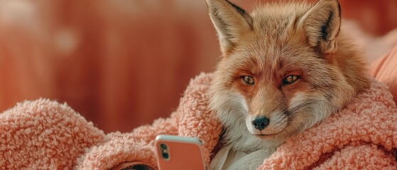 Obraz premium Cozy Fox Wrapped in Blanket Using Smartphone