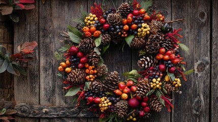 Vibrant Christmas wreath on rustic wooden door