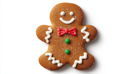 Gingerbread man cookie with icing decoration, festive holiday treat, detailed texture, warm lighting, cheerful Christmas dessert illustration, cozy bakery style on white background 