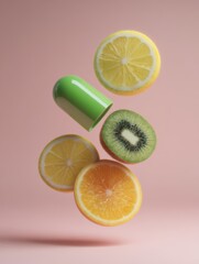 Supplement of Fruits: Vitamin Boost with Green Pill and Citrus