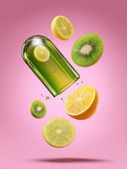 Vibrant Fruit Explosion: Citrus and Kiwi Refreshment on Pink Backdrop