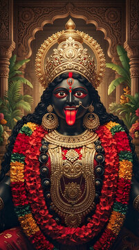 Traditional goddess kali idol decorated with red and yellow flowers for holy kali puja and diwali worship in temple setting with golden crown ornaments
