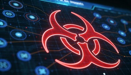 Glowing Red Biohazard Sign on Futuristic Blue HUD Interface. 3D Illustration of Biological Danger, Virus Contamination, Toxic Infection and Cyber Security Threat Concept Background