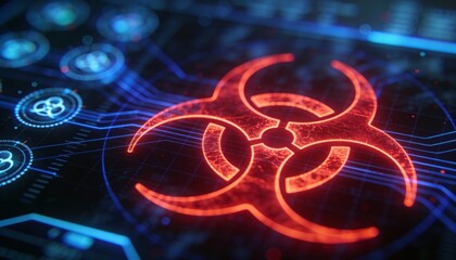 Glowing Red Biohazard Sign on Futuristic Blue HUD Interface. 3D Illustration of Biological Danger, Virus Contamination, Toxic Infection and Cyber Security Threat Concept Background