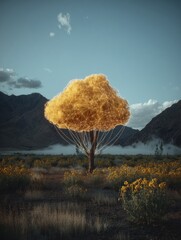 Golden Tree Glows in Mountain Meadow Landscape at Dusk, Connecting World