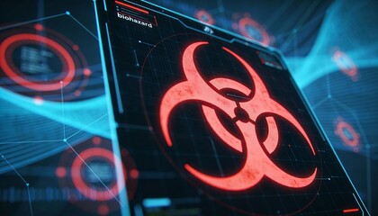 Glowing Red Biohazard Sign on Futuristic Blue HUD Interface. 3D Illustration of Biological Danger, Virus Contamination, Toxic Infection and Cyber Security Threat Concept Background