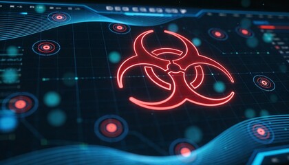 Glowing Red Biohazard Sign on Futuristic Blue HUD Interface. 3D Illustration of Biological Danger, Virus Contamination, Toxic Infection and Cyber Security Threat Concept Background