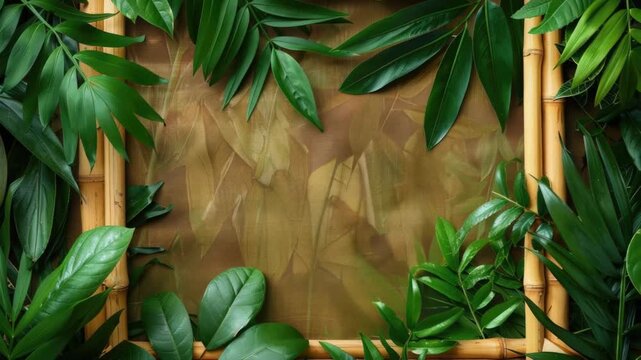 A simple yet elegant bamboo frame is surrounded by lush green leaves, perfect for  or decorative purposes