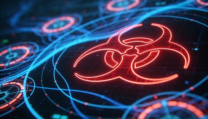 Glowing Red Biohazard Sign on Futuristic Blue HUD Interface. 3D Illustration of Biological Danger, Virus Contamination, Toxic Infection and Cyber Security Threat Concept Background