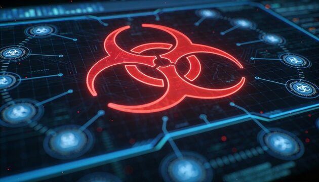 Glowing Red Biohazard Sign on Futuristic Blue HUD Interface. 3D Illustration of Biological Danger, Virus Contamination, Toxic Infection and Cyber Security Threat Concept Background - Powered by Adobe