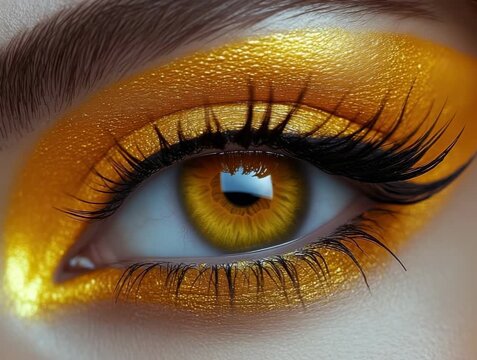 Bright yellow eye makeup with bold lashes and shiny finish close up in warm light