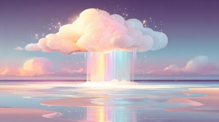 Pastel Cloudburst: Rainbow Hues Cascade Over a Dreamy Beach Scene