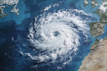 Satellite view of a powerful hurricane swirling over the Atlantic Ocean, with visible cloud formations and oceanic textures surrounding the storm system