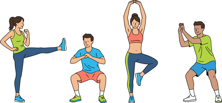 People Performing Fitness and Cardio Exercises Illustration Featuring Home Workout Routine