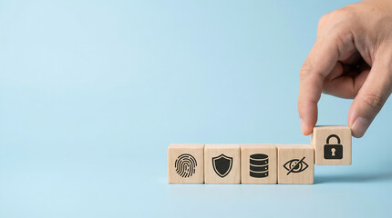 data privacy and access control concept with wooden cubes showing fingerprint shield database and visibility icons hand placing lock symbol on pastel blue background