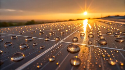 Solar panels with dew drops at sunrise creating sustainable energy
