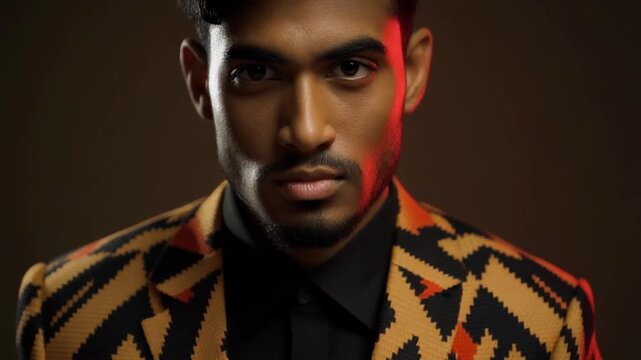 Male model in geometric patterned suit with bold shoulder pads, dramatic lighting, 4K loop, 2026