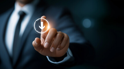 Faceless businessman pressing recovery button on virtual screen interface internet and networking concept digital restoration technology solution business continuity system