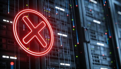 Glowing Red Cross X Mark on Laptop Screen in Server Room. Cyber Security Access Denied, System Failure and Error Concept. Futuristic Data Center Network Background 3D Illustration