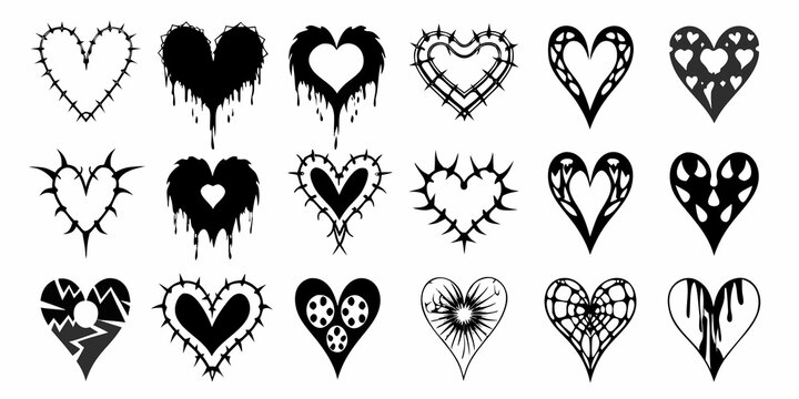 Collection of black heart illustrations with various designs and dripping effects