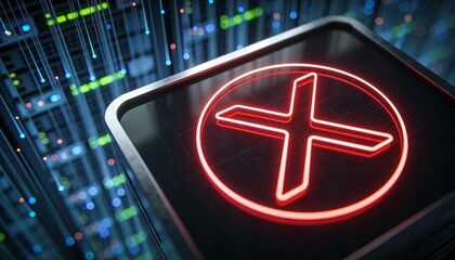 Glowing Red Cross X Mark on Laptop Screen in Server Room. Cyber Security Access Denied, System Failure and Error Concept. Futuristic Data Center Network Background 3D Illustration