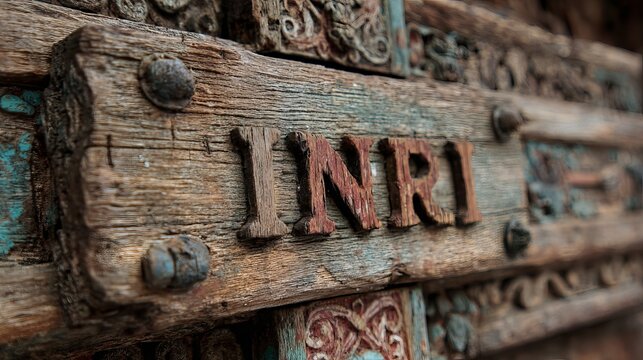 A close-up of a weathered wooden sign with the letters INRI carved into it