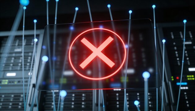 Glowing Red Cross X Mark on Laptop Screen in Server Room. Cyber Security Access Denied, System Failure and Error Concept. Futuristic Data Center Network Background 3D Illustration - Powered by Adobe