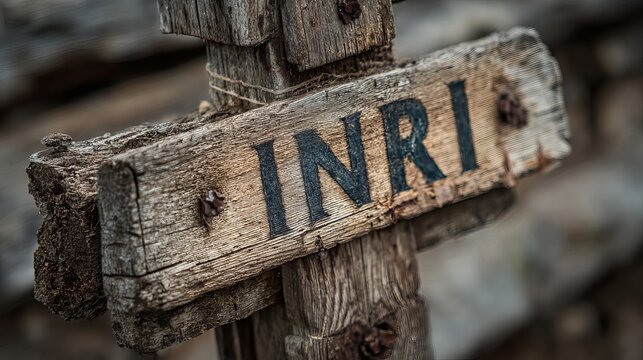 A close-up of a weathered wooden sign with the inscription INRI, symbolizing the crucifixion of Jesus Christ.