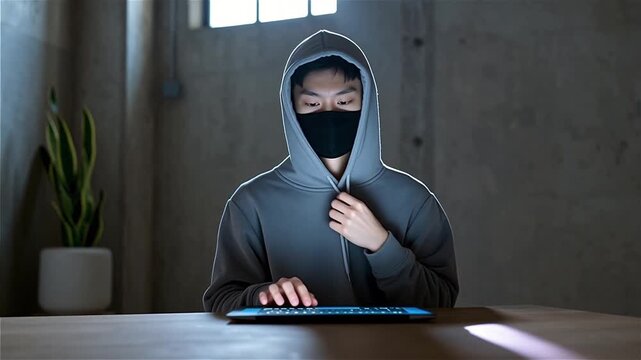 Person in hoodie and mask working on laptop in dimly lit room