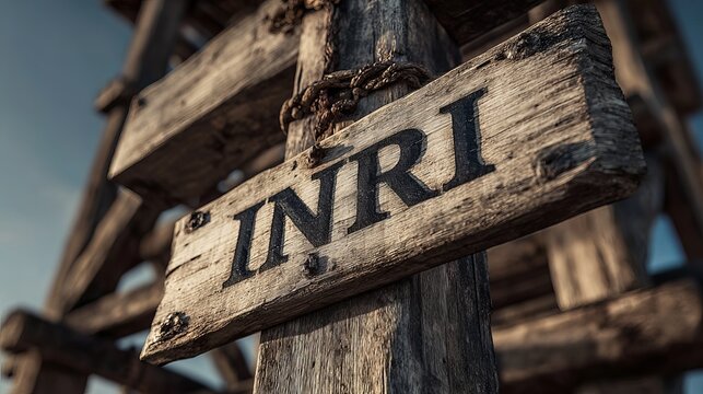 A close-up of a wooden sign with the inscription INRI, symbolizing the crucifixion of Jesus Christ.