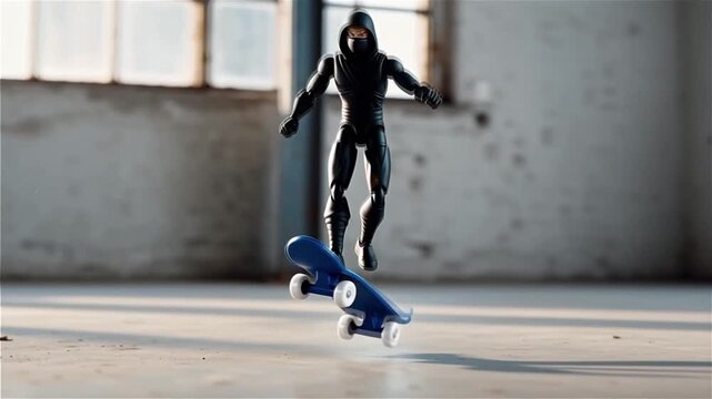 Ninja character skillfully riding blue skateboard in modern warehouse