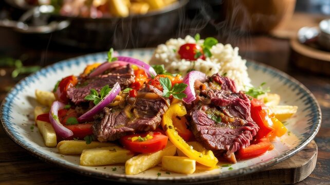Lomo Saltado is a famous dish of Peruvian cuisine. It's a wok roast that combines marinated strips of beef with vegetables and is served with French fries and rice.