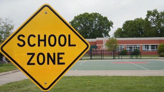 Road sign of school zone next to a school.