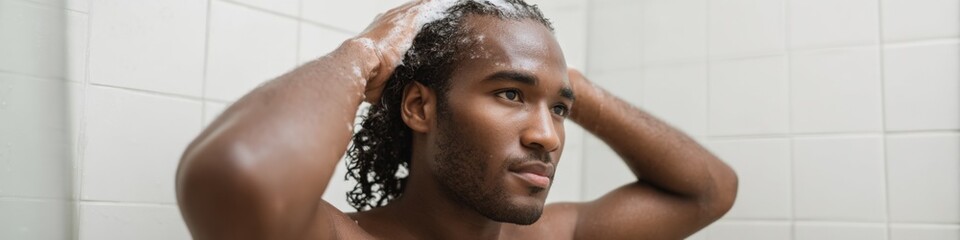 African male washing hair in shower with white tiles and soap suds