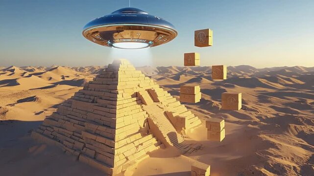 Aliens building the pyramids. Science fiction.