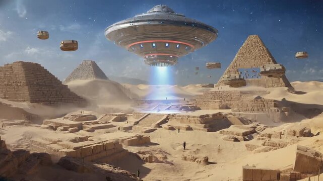 Aliens building the pyramids. Science fiction.