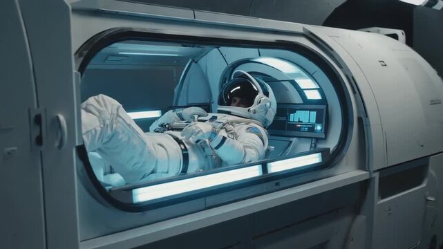 Astronaut in a hibernation capsule. Hibernation Pod or Hypersleep Chamber.