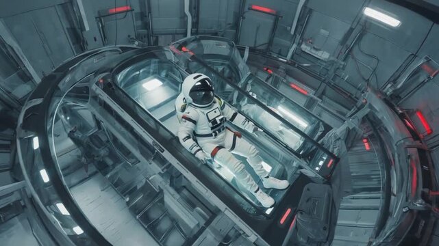 Astronaut in a hibernation capsule. Hibernation Pod or Hypersleep Chamber.