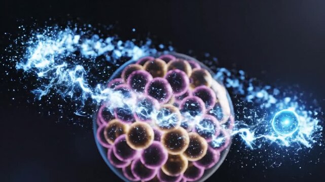 Nanotechnology sphere with cellular structure experiencing quantum energy transfer in a futuristic laboratory setting from a microscopic viewpoint