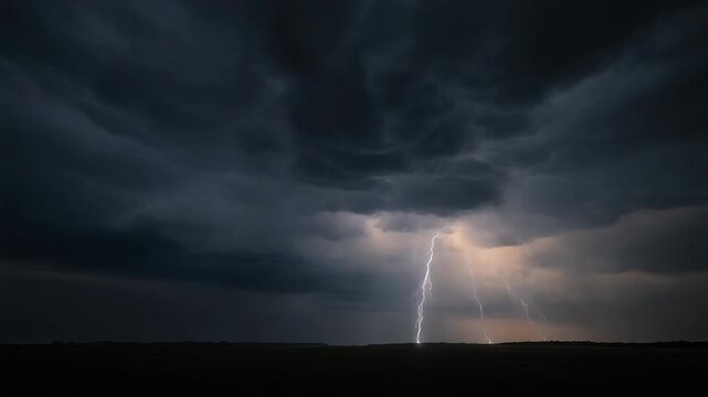 Thunderstorm over rough sea with lightning and dramatic clouds, tempest at night