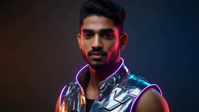 8K Digital Couture: Cinematic portrait of male model in metallic tech-vest with ray-traced neon rim highlights and PBR textures
