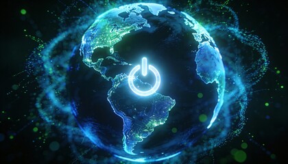 A futuristic digital art piece featuring a glowing power symbol over a particle-based Earth, representing the intersection of technology and global environmental conservation efforts.