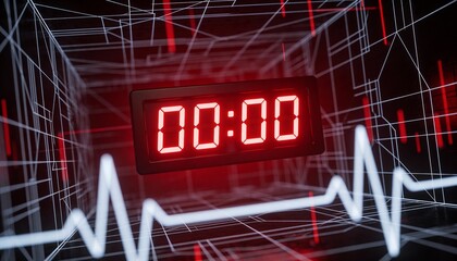 Glowing Red Digital Clock Showing 00:00 with Heartbeat Pulse Line. Futuristic Sci-Fi Countdown Timer to Zero. 3D Concept of Deadline, Midnight, System Reset and Time Running Out Background