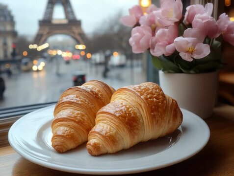 Enjoying croissants with a view of the Eiffel Tower in Paris, France during a rainy morning