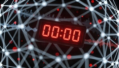 Glowing Red Digital Clock Showing 00:00 with Heartbeat Pulse Line. Futuristic Sci-Fi Countdown Timer to Zero. 3D Concept of Deadline, Midnight, System Reset and Time Running Out Background